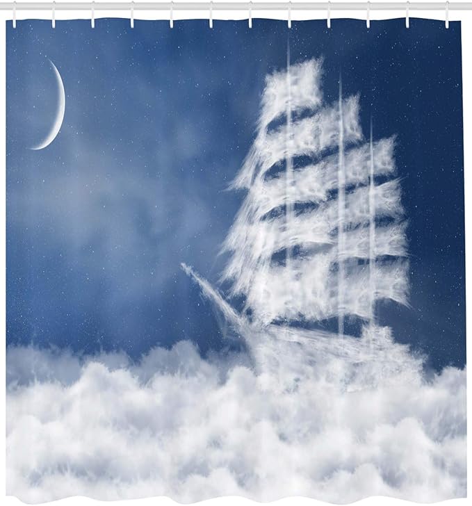 Ambesonne Nautical Shower Curtain, Yacht in The Ocean Madend Shaped with Fluffy Cloudstmospheric Imaginary Sky, Cloth Fabric Bathroom Decor Set with Hooks, 69" W x 84" L, Blue Cream