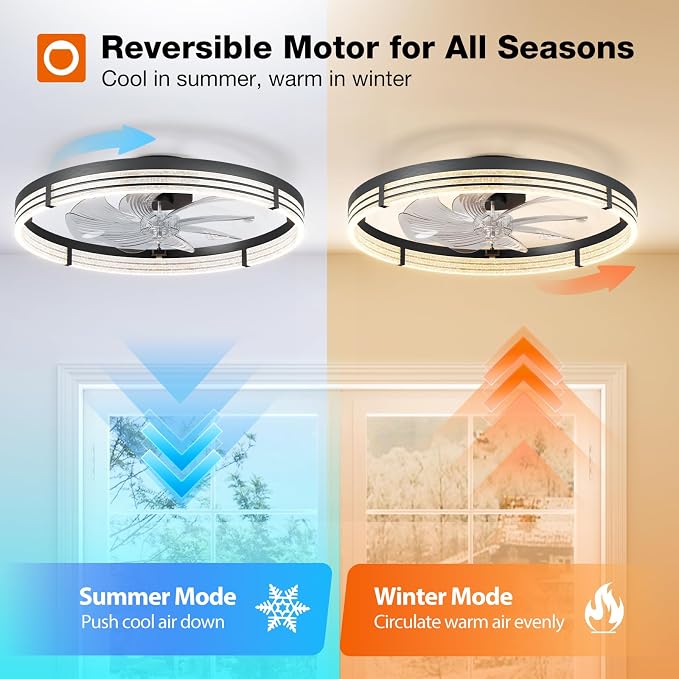 addlon Ceiling Fans with Lights and Remote, 24'' Low Profile Ceiling Fans, 3000-6000K Dimmable Modern Flush Mount LED Fan Light, Fandelier Ceiling Fan for Bedroom, Kitchen, Living Room, Black
