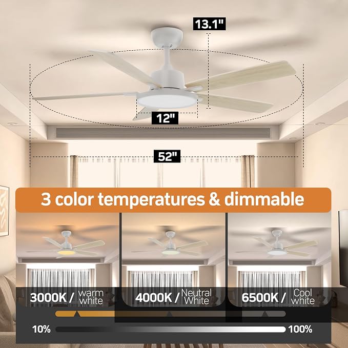 TALOYA 52 Inch White Smart Ceiling Fans with Lights Led Remote Control Flush Mount Low Profile for Bedroom Living Dining Room Outdoor Farmhouse Patio,Reversible,DC Motor,3 Color Temperatures,5 Blades
