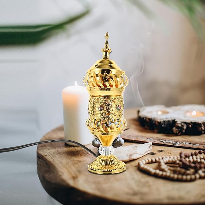 RCFINE Electric Incense Burner Bakhoor Metal Incense Burner Middle Eastern Style Arabic Incense Burner for Aromatherapy Yoga Spa Home Tabletop Decoration (Gold)