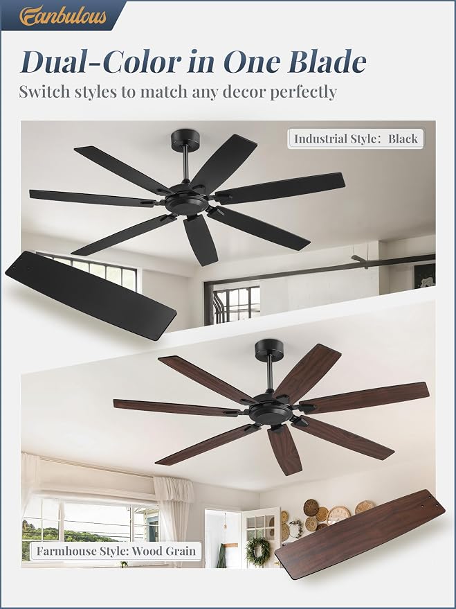 Fanbulous 62 Inch Ceiling Fan No Light, 6-Speed Quiet DC Motor with Remote | Durable Metal Housing, Whisper-Quiet DC Motor, Powerful 62" Airflow, 6-Speed Remote, Reversible, Timer, Indoor/Outdoor