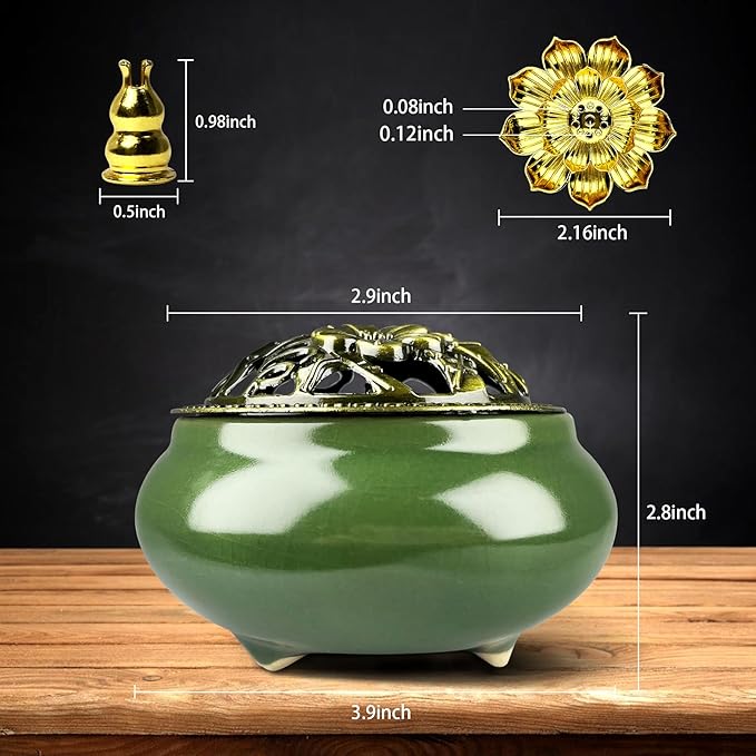 Ceramic Incense Burner, Bowl Burner,Cone Incense Burner with Brass lid for use with Stick or Cone-Shaped Incense，Lotus Incense Stick Holder Calabash Incense Stick Holder, 3pc (Dark Green)