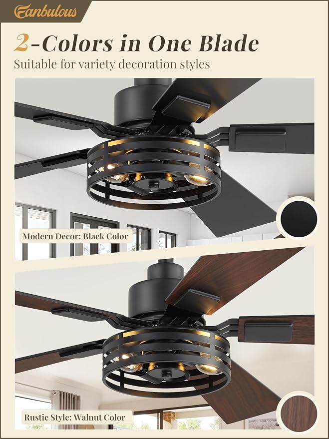 Farmhouse Caged Ceiling Fans with Lights and Remote, 42 Inch Rustic Black Ceiling Fans, 6 Speed Reversible Quiet DC Motor, Noiseless Ceiling Fan Dual Finish 5 Blades for Living Room Bedroom Kitchen