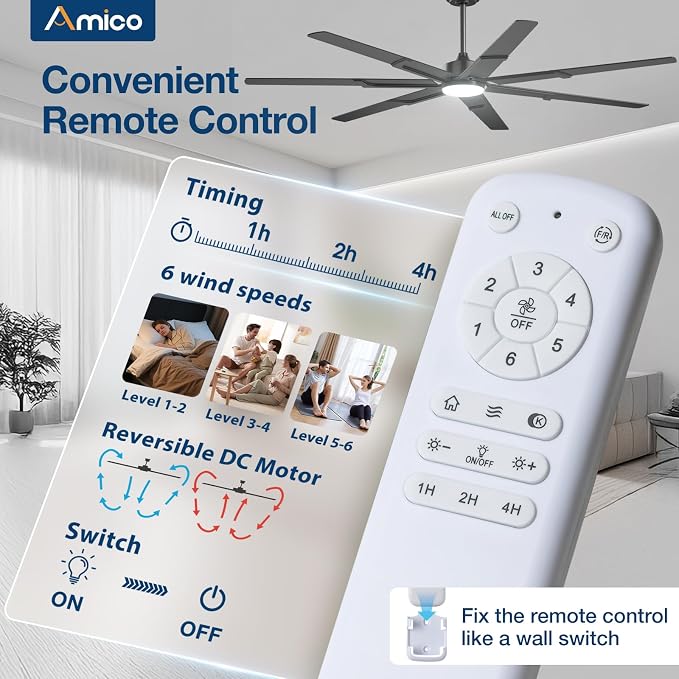 Amico Ceiling Fans with Lights,74 inch Black Ceiling fan with Light and Remote, 6 Speed Reversible DC Motor, 3CCT, Dimmable, Quiet, Timer, Large Modern Ceiling Fan for Living room, Indoor/Outdoor
