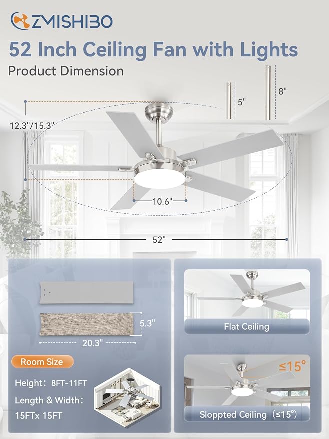 ZMISHIBO 52 Inch Ceiling Fans with Lights, Smart Remote/APP Control, Modern Ceiling Fan with 6 Speeds & 3CCT, Dimmable 30W LED, Quiet DC Motor, Noiseless for Living Room, Bedroom, Kitchen, Nickel