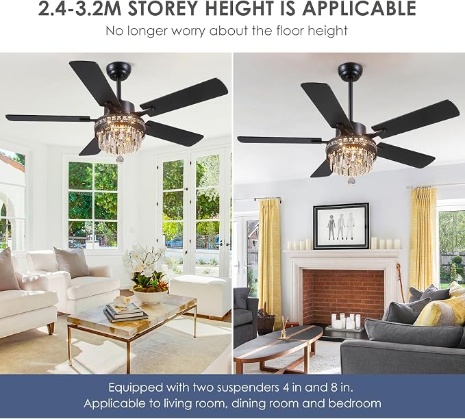 52" Chandelier Crystal Ceiling Fans with Lights and Remote/APP Control | Supports Remote and APP,Reversible 6 Wind Speeds,30W Quiet DC Motor,6 Wood Blades,Dimmable 30W LED,Suits for Bedroom Kitchen