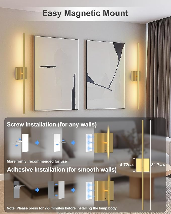 Battery Powered Wall Sconce Set of Two: Gold Wireless Rechargeable Wall Lights with Touch and Remote Control, 360°Rotatable 4CCT Dimmable Cordless Scone Lighting Decor for TV Wall Bedroom Bathroom