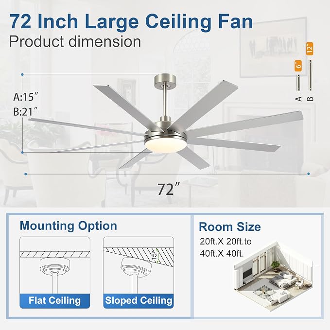 72 Inch Ceiling Fans with Lights and Remote Control, Brushed Nickel | Wooden Blades,Reversible Quiet DC Motor, 6-Speed, 3CCT Dimmable LED, Timer for Living Room, Bedroom, Office