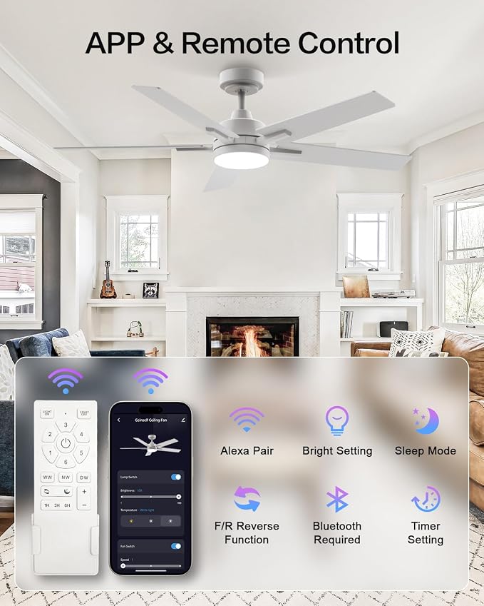 Smart Ceiling Fans with Lights 52 Inch, Ceiling Fan Compatible with Alexa/App/Remote Control,Downrod Mount, 5 Two-Sided Blades, Ultra Silent Reversible DC Motor LED fan for Living Room(White)