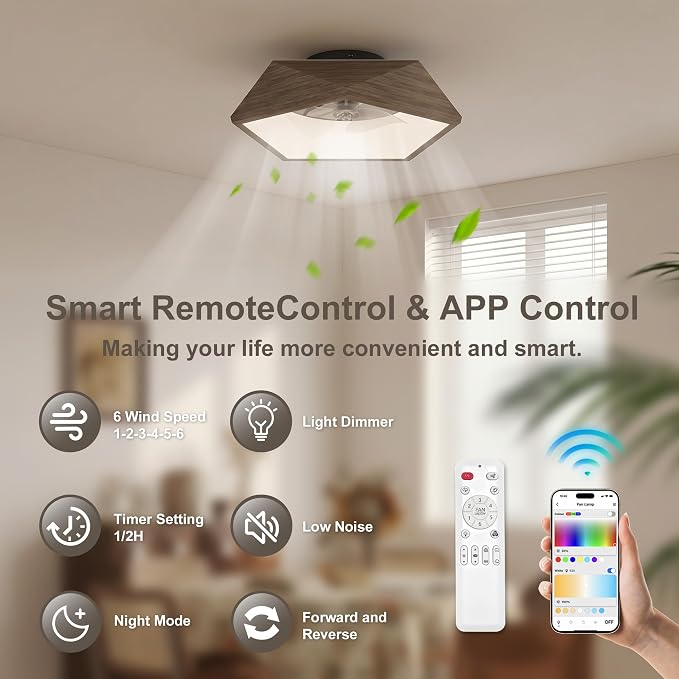 RGB Ceiling Fans with Lights and Remote, 22in Low Profile Ceiling Fans with Lights Flush Mount, 3000K-6500K Dimmable Fandelier LED Fan Light, Walnut Wood Bladeless Ceiling Fans for Bedroom
