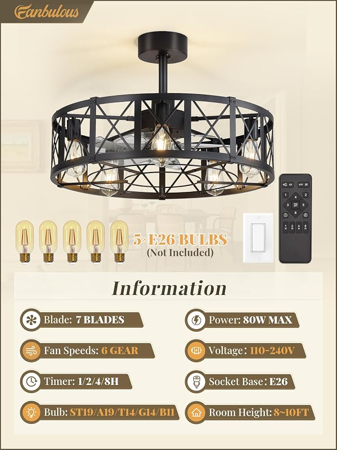 Fanbulous 26 Inch Fandelier Caged Ceiling Fans with Lights and Remote, Black Bladeless Ceiling Fan with 6 Speeds and Timing, Farmhouse Samll Fan Lights Ceiling Fixtures for Kitchen, Bedroom-Black