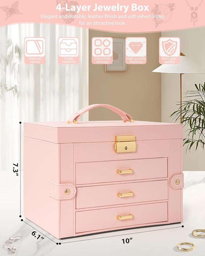 AKOZLIN Large 4-Tier Jewelry Box Leather Jewelry Storage Organizer with 3 Drawers Lockable for Women Girls Ring Necklace Earring Bracelet Watches Holder with Mirror Pink
