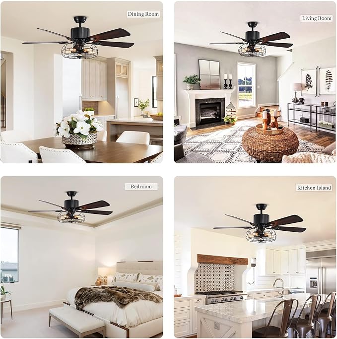 Industrial Caged Ceiling Fan Light with Remote Control 52 Inch Vintage Ceiling Fan Light Farmhouse Black Retro Indoor Fandelier with 5 Reversible Wood Blades for Living Room Bedroom