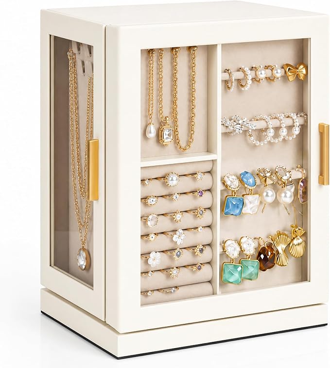 GUOER Jewelry Box for Women, 360° Rotating Jewelry Organizer, Beige | 5 Drawers & Glass Display, Large Storage Case for Necklaces/Earrings/Rings, PU Leather, 8.7x6.9x11.2 in