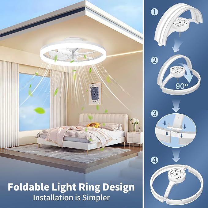 Ceiling Fans with Lights and Remote, 20" Foldable Modern Low Profile Ceiling Fan with Light, Stepless Color Temperature Change and 6 Speeds for Bedroom, Kids Room and Living Room(White)