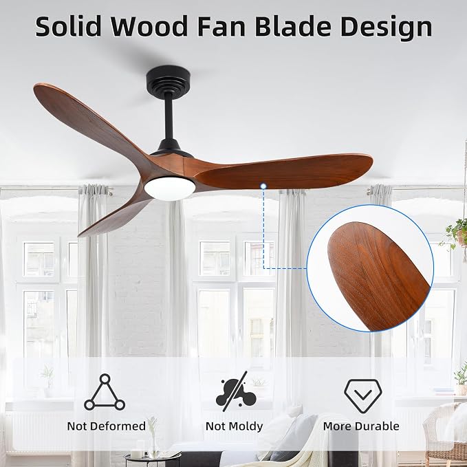 52” Outdoor Ceiling Fan with Light and Remote via WiFi Alexa, 3 Walnut Solid Wood Blade, Noiseless Reversible Dc Motor, Smart Outdoor Wood Ceiling Fan for Farmhouse Patios, Walnut