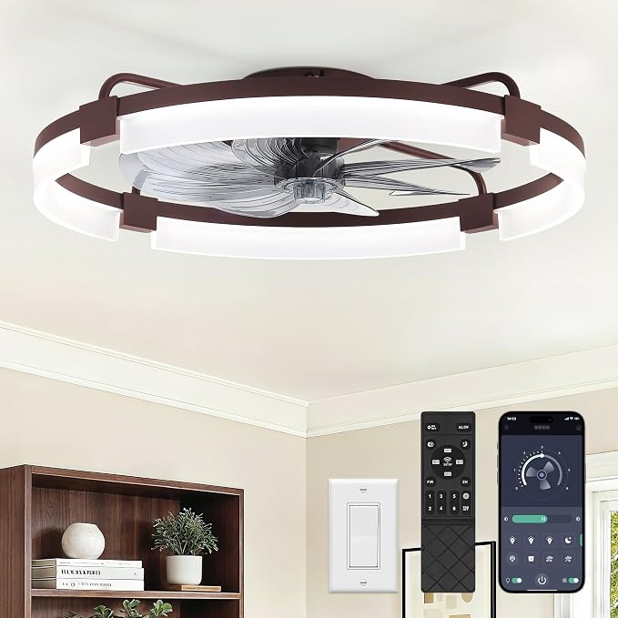 LEDIARY 24" Ceiling Fans with Lights and Remote, Modern Low Profile Ceiling Fan, 3 CCT, Stepless Dimmable, Fandelier Flush Mount Fan Light, 6 Speeds, DC Motor, App & Remote Control for Bedroom(Brown)