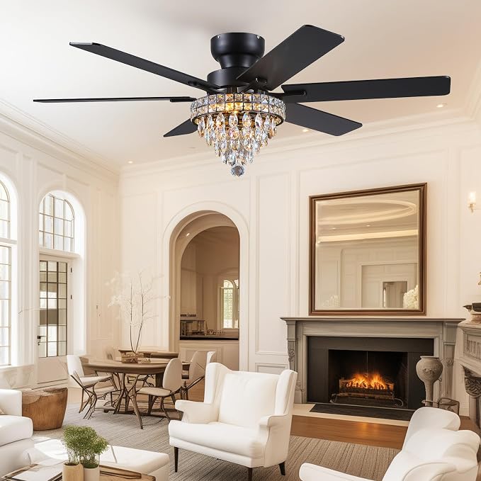 Asyko 52" Low Profile Crystal Ceiling Fans with LED Lights and Remote/APP | Supports Remote and APP,Reversible 6 Wind Speeds,30W Quiet DC Motor,6 Wood Blades,Dimmable 30W LED,Suits for Bedroom Kitchen