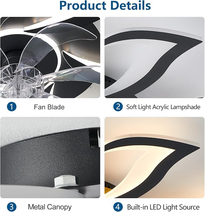 Dalouguan 32" Black Modern Ceiling Fan with Lights Remote Control, 6 Speeds 3 Light Color Low Profile Flush Mount Ceiling Fan for Kitchen Bedroom