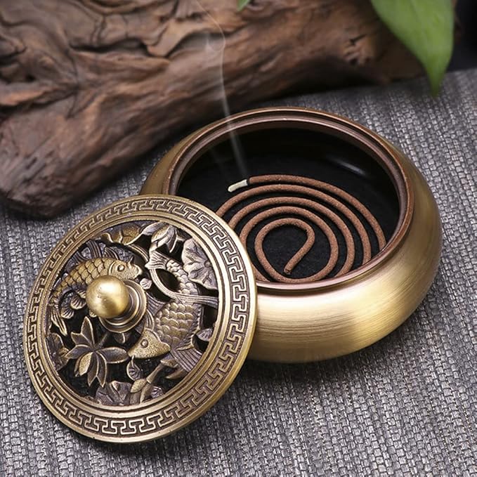 Incense Holder Burner,Pure Copper Antique Fish Pattern, Incense Ash Catcher for Sticks or Cone Incense,Mosquito Incense,Sage Cones and Palo Santo(Stick/Cone/Coil Incense)