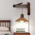 Wood Plug in Wall Sconces, Swing Arm Wall Lamp with Dimmable On Off Switch, Vintage Wall Mounted Light Fixture with Cord for Bedroom Nightstand Bedside Reading Lamp - Bulb Included
