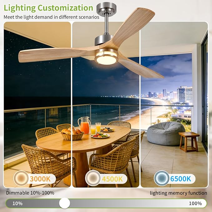 52 Inch Ceiling Fans with Lights and Remote Control, 3 Blade Ceiling Fan with Light for Bedroom Living Room Indoor Outdoor Patio, Reversible, 3CCT, Dimmable, Noiseless DC Motor, Nickel & Natural Wood