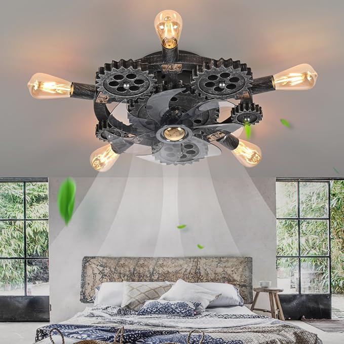 20" Retro Industrial Steampunk Ceiling Fans with Lights and Remote,Low Profile Flush Mount Bladeless Ceiling Fan with Light,Nautical Style 6 Speeds for Bedroom Kitchen Island Bar Cafe