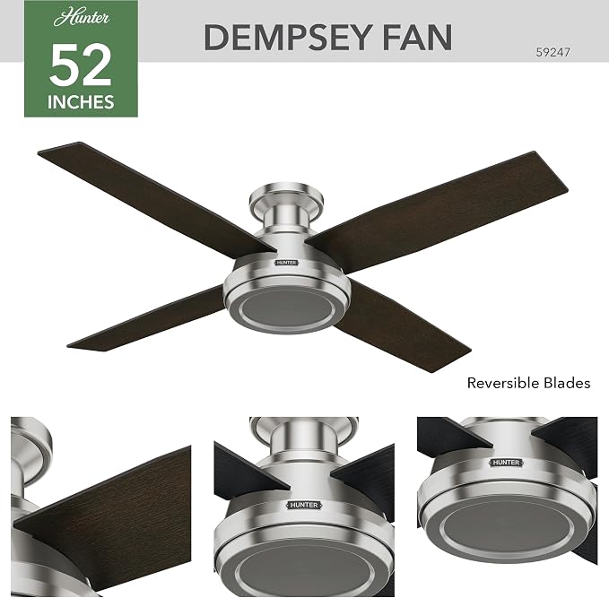 Hunter Dempsey, Indoor, Ceiling Fan, No Light, 52 inch, Brushed Nickel