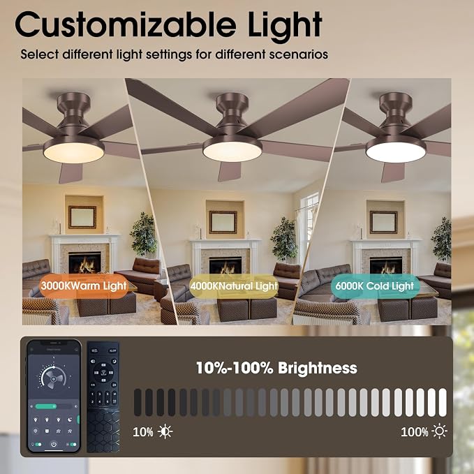Ceiling Fans with Lights, 52 inch Low Profile Ceiling Fan with Light, Remote/App Control, Flush Mount Modern Ceiling Fan for Bedroom, Indoor/Outdoor (Brown)