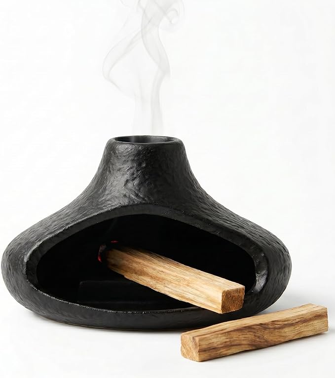 Matte Black Palo Santo Holder with Chimney Design, Ceramic Incense Burner with Ash Catcher, Mess-Free for Smudging, Meditation & Relaxation, Volcano Style Aesthetic Home Decor Gift