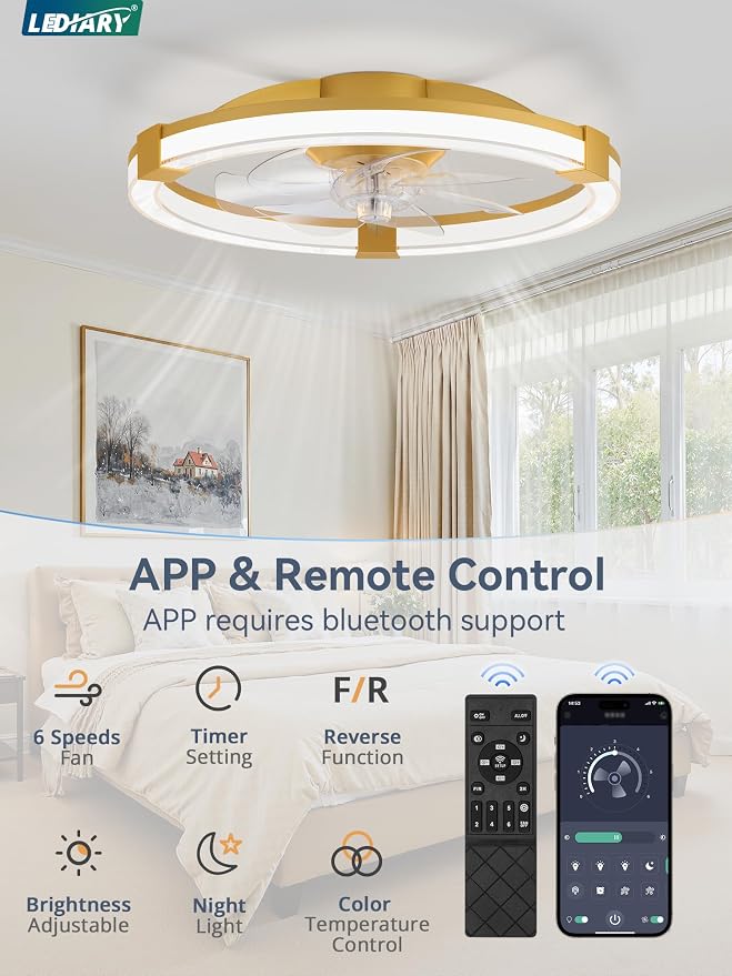 LEDIARY Ceiling Fans with Lights, 20 Inch Low Profile Ceiling Fan with Remote, 6 Speeds, Reversible, Dimmable Flush Mount Fan Light, Modern Fandelier Ceiling Fan with Lights for Bedroom, Gold