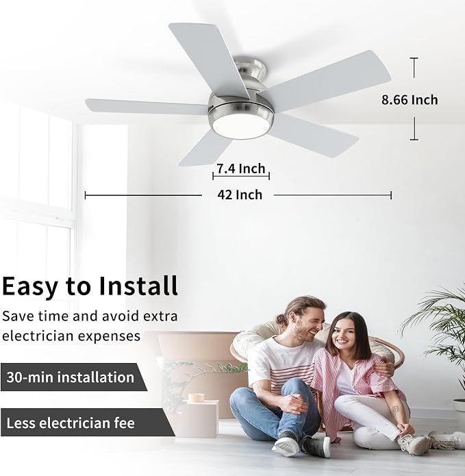 POCHFAN 42 Inch Brushed Nickel Ceiling Fans with Lights and Remote, LED Low Profile Flush Mount Ceiling Fan for Bedroom, Living Room, Patio, Quiet DC Motor, 5 Blades