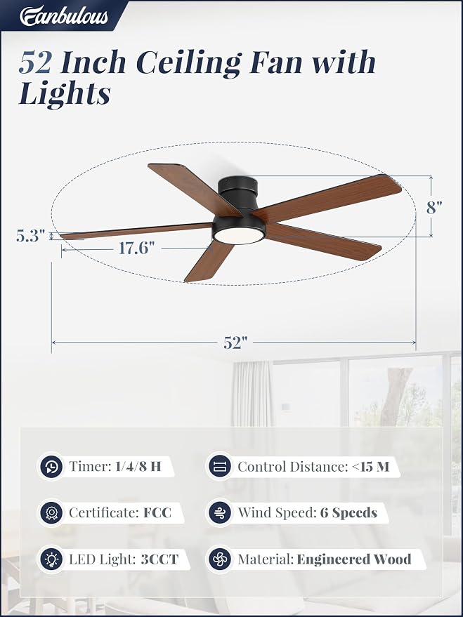 Fanbulous 52 Inch Ceiling Fans with Lights and Remote,Outdoor Indoor Modern Flush Mount Ceiling Fan with 3CCT 6-Speed Quiet DC Motor,Black Small Low Profile Ceiling Fan for Bedroom Living Room Office