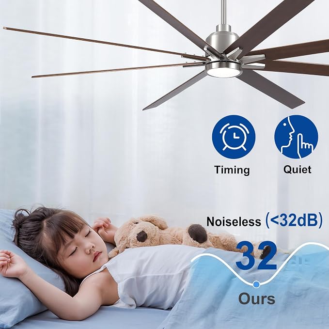 Rayqueen 84 Inch Brushed Nickel Ceiling Fans with Lights and Remote,Downrod | Walnut Blades,6 Speed Reversible DC motor,3-color temperature dimmable LED.5.9/11.8/23.6 inch downrod