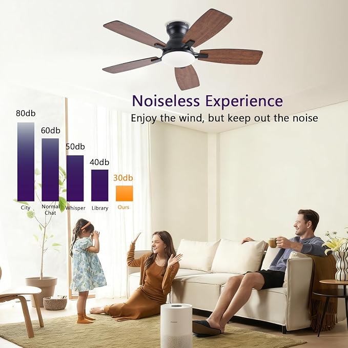 NKPU Ceiling Fans with Lights, Low Profile Ceiling Fan with Light and Remote/APP Control, DC Motor, Noiseless, Flush Mount, 42inch Brown Ceiling Fan for Bedroom Indoor/Outdoor Use