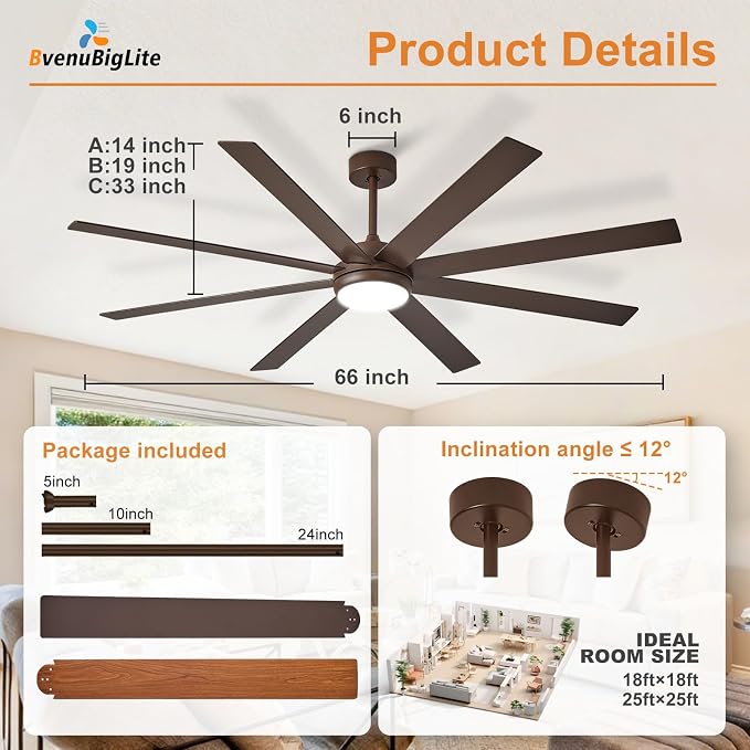 Large Ceiling Fan with Light: 66 Inch Indoor/Outdoor Fan Reversible DC Motor 6 Speed - Dual 8 Blades Big Ceiling Fans with Lights Dimmable 3CCT for Living Room Covered Patio, Brown
