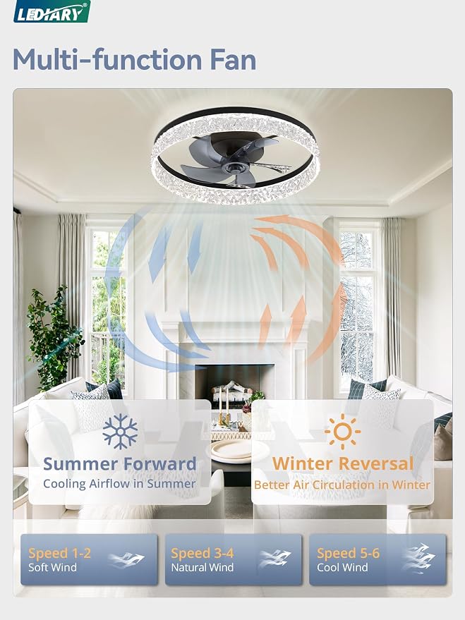 LEDIARY 22 Inch Ceiling Fans with Lights and Remote, Fandelier Low Profile Ceiling Fan, 3000K-6000K Dimmable Flush Mount LED Fan Light, Black Modern Ceiling Fans with Lights for Bedroom