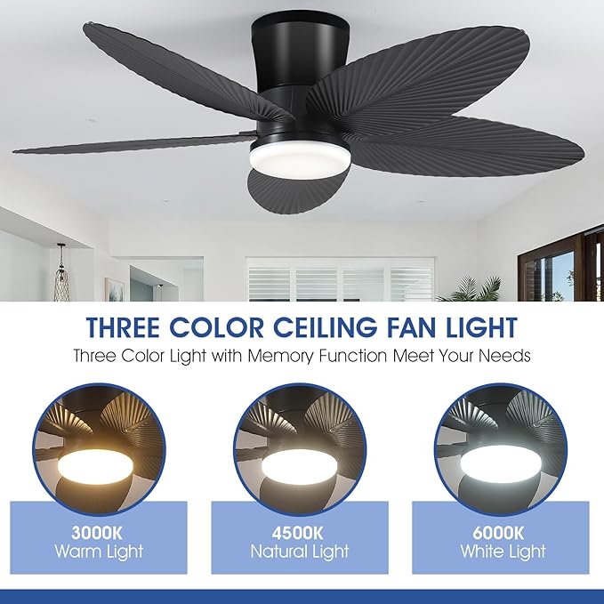 Surtime Palm Leaf Ceiling Fans with Lights-42 Tropical Ceiling Fan with Light and Remote/APP Control,Flush Mount Low Profile Black Ceiling Fans for Bedroom,Indoor/Outdoor Patio Use