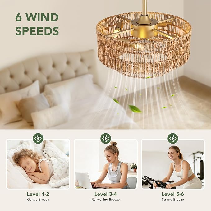 20" Boho Ceiling Fan Light and Remote, Rattan Ceiling Fan light Caged Fandelier with Lights Flush Mount, 6 Wind Speeds Enclosed Ceiling Fan for Bedroom, Living Room, Dining Room