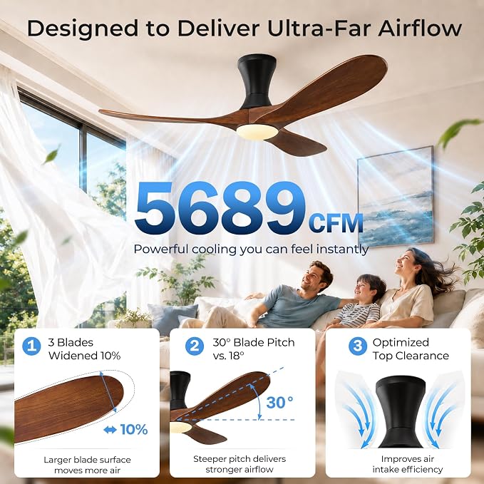 52 inch Smart Flush Mount Ceiling Fans with Lights, Low Profile Ceiling Fan with WIFI Alexa and App Remote Control, Quiet DC Motor, 3 Blades Wood Modern fan for Indoor Outdoor Bedroom Patio, Walnut