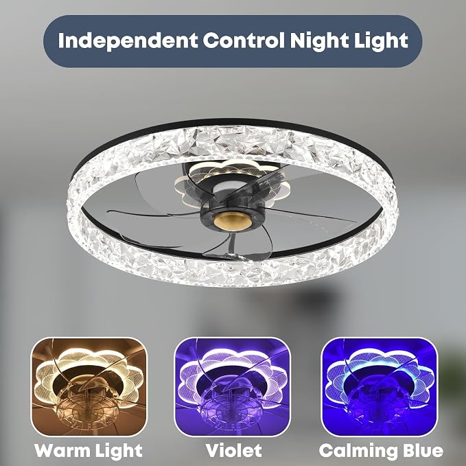 FSZDORJ 20'' Ceiling Fan with Light and Remote, Low Profile Ceiling Fan with Light, Dimmable Flush Mount Ceiling Fan Light, 6 Speeds Fan, App&Remote Control, Fandelier Quiet Fan for Bedroom F098 Black