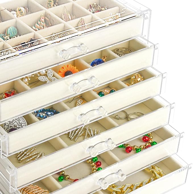 Watpot Acrylic Jewelry Box Organizer and Storage 6 Drawer for Earring Display Tray