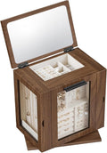 HOOBRO 360° Rotating Jewelry Box with Mirror, Jewelry Organizer with 4 Drawers, 3 Transparent Acrylic Doors, Wooden Jewelry Storage Box for Necklaces, Rings, Bracelets, Earrings, Walnut BH31JB04