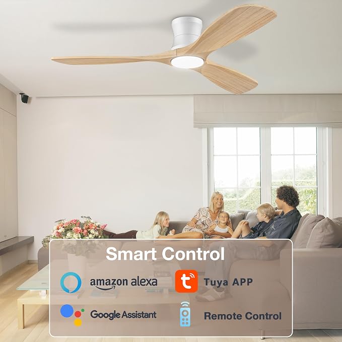 52" Wood Smart Ceiling Fans with Lights Remote,Low Profile Flush Mount Ceiling Fan for Modern Bedroom Patio,Alexa&App Control,Outdoor Indoor Use,Natural Wood&White,3 Blades,Dimmable,Ultra-Quiet