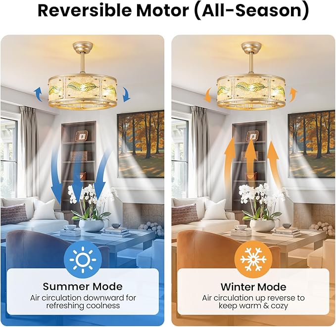 AIJIASI Gold Fandelier Ceiling Fans with Lights, 20" Caged Ceiling Fan with Light and Remote Control, Chandelier Ceiling Fan Low Profile with 6 Speeds for Bedroom, Living Room, Nursery