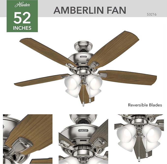 Hunter Amberlin, Indoor, Ceiling Fan, Pull Chain, 52 inch, Brushed Nickel | with LED Lights, Standard Mount, 5 Blades, For Bedroom, Living Room, Includes Bulbs, 53216
