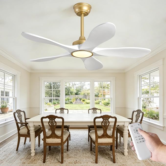 42 Inch White and Gold Ceiling Fans with Lights and Remote Control, Modern 3 Blade Wood Ceiling Fan, Outdoor Indoor Ceiling Fan with Light for Bedroom, Living Room, Quiet DC Motor, Dimmable