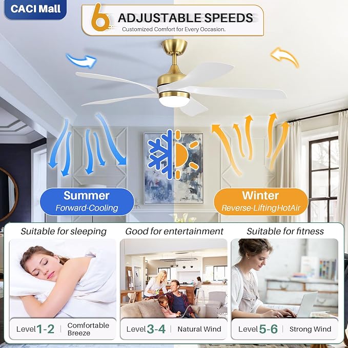 CACI Mall 52 Inch Ceiling Fans with Lights and Remote, modern, Outdoor ceiling fan with 6-Speed, 5 Blades, 2 Downrods, 3 CCT, Timer, Quiet Reversible DC Motor for Living Room, Bedroom, Patios