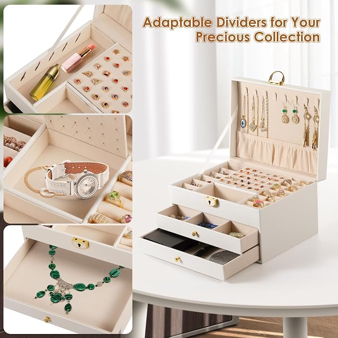 coobest 3 Layer Jewelry Box, Lockable Jewelry Holder Organizer with Jewelry Drawer, Large Jewelry Boxes & Organizer with Velvet Earring Storage, Unique Gifts for Women Mom