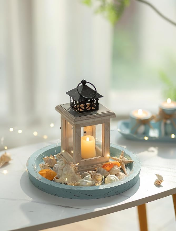 Hanobe Candle Plate Holder Tray: Round Wood Decorative Candle Plate - Rustic Farmhouse CoffeeTable Decor - Tealight Pillar Trays for Home Decor (Ocean Blue)